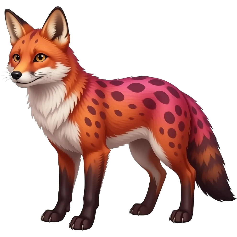 Realistic Hyper-realistic Feral Rare Fantasy dark pastel gradient-pink-red-orange Vernid-Fionbri-Genet-species by LiLaiRa, random markings, tufted ears, full body, 4 legs emoji