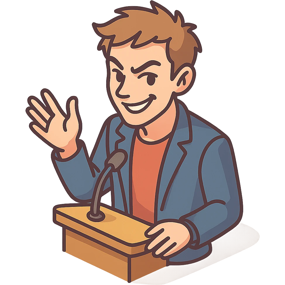 Lively and clever male debater, fair skin, short messy light brown hair, sharp eyes with a mischievous smile, wearing indigo blazer over a casual t-shirt, one hand raised mid-gesture, waist-up emoji