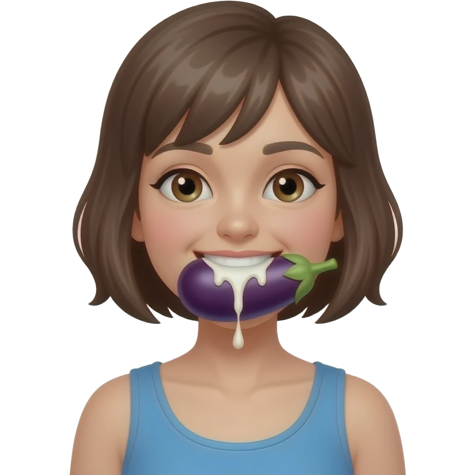 A girl with an eggplant in her mouth with milk coming down her chin emoji