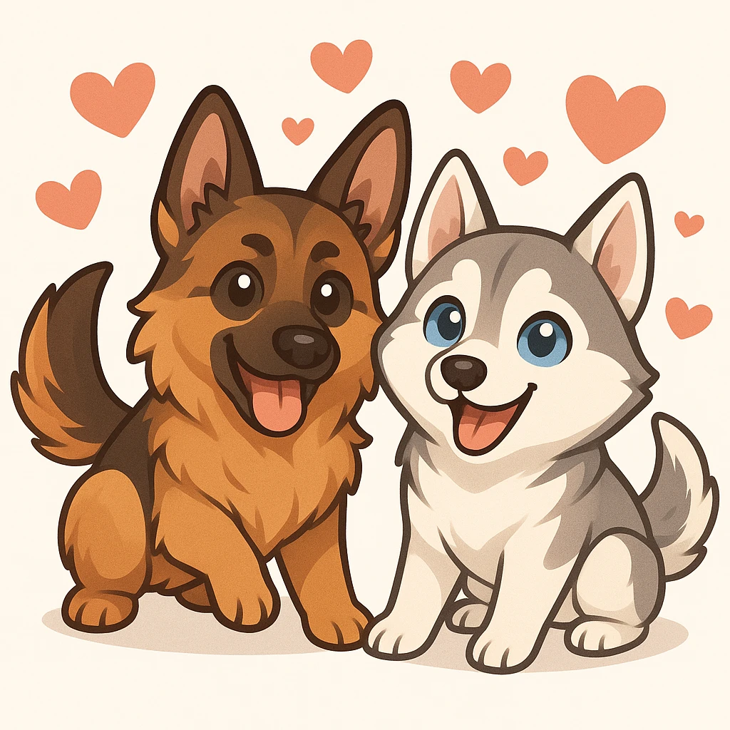 Make the two dogs playful and lively with a heart background in chibi sticker style, inspired by the reference photo. emoji