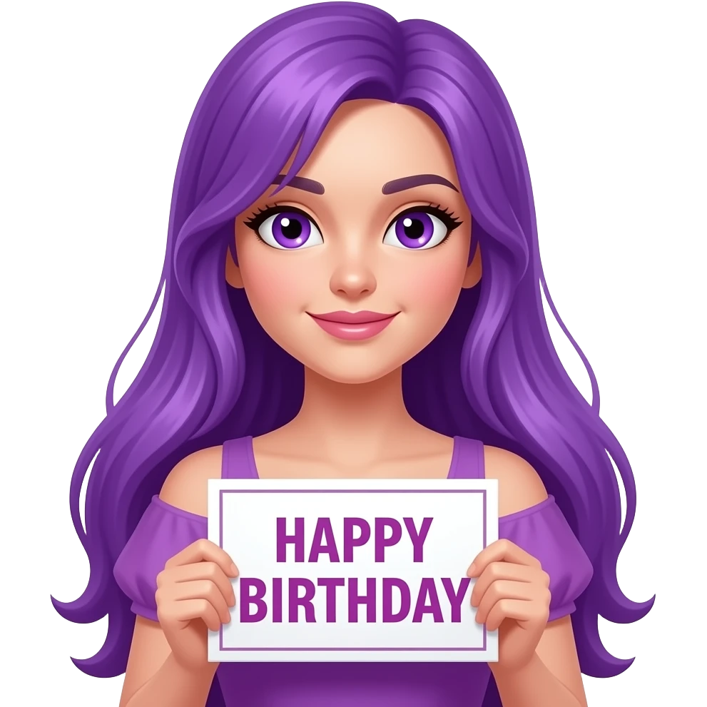 sexy girl with long purple hair and purple eyes wearing a birthday dress holding a HAPPY BIRTHDAY sign emoji