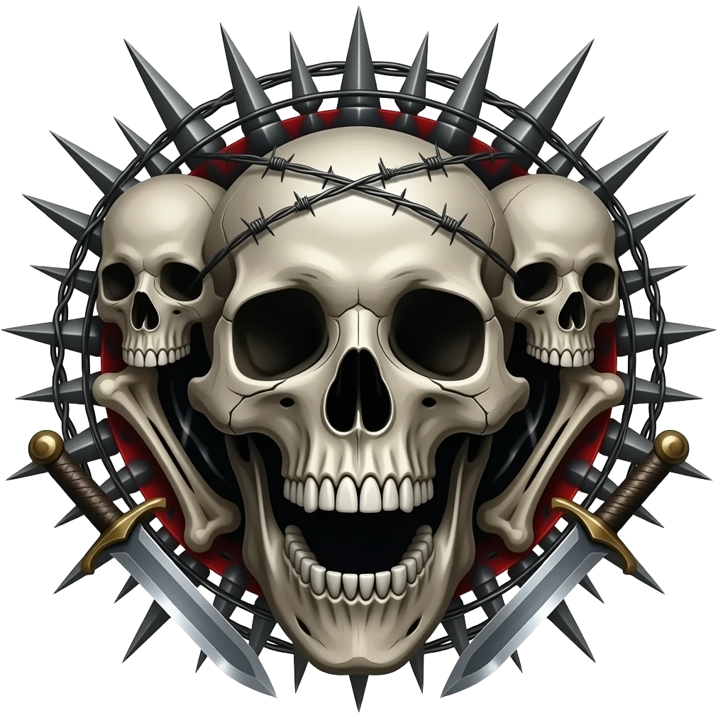 Hanging skulls, bones, teeth, spikes, barbed wire, blades edgy gothic black red silvery grey cool steel greyish dusky cold emoji