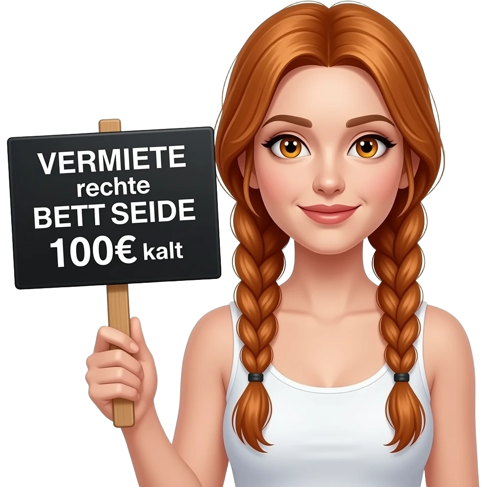 sexy girl with long ginger braids and ginger eyes wearing a white tanktop is holding a black sign with VERMIETE rechte BETTSEITE 100€ kalt written on it emoji