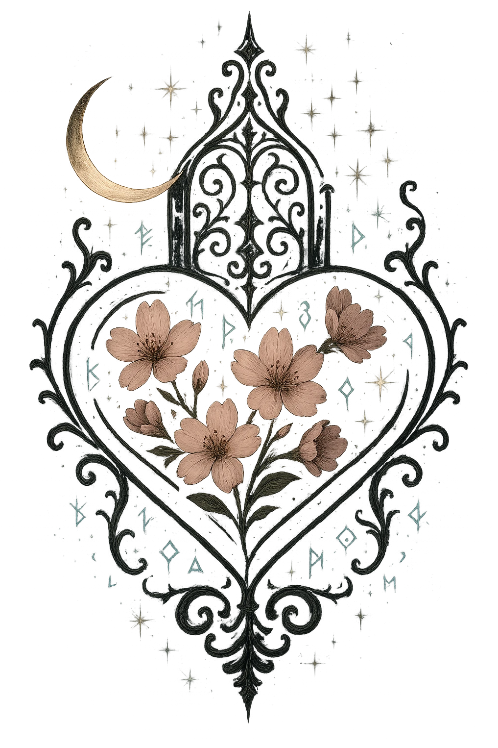 Make the goth sakura heart more mystical by adding glowing magical runes, more sparkling stars, a faint ethereal mist, and subtle moonlight effects. Keep the background transparent. Enhance the mystical and ethereal atmosphere while preserving the goth sakura heart style. emoji