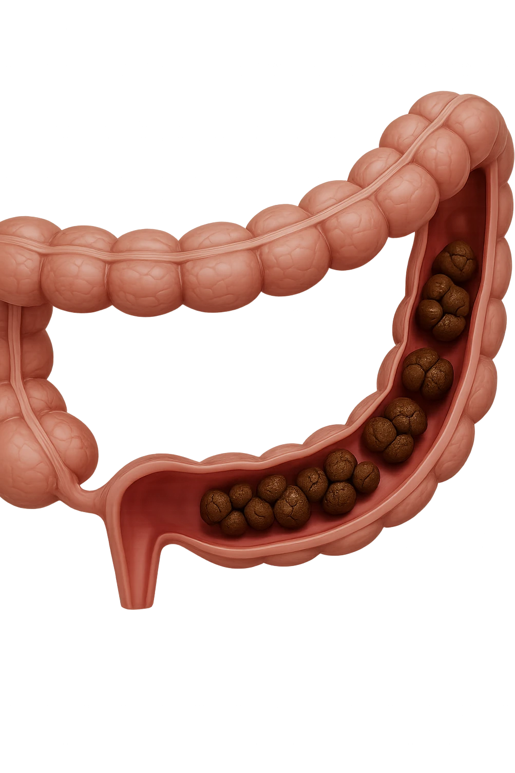 colon umano anatomico con feci a pallini all'interno, stipsi, iperrealistico 4k emoji