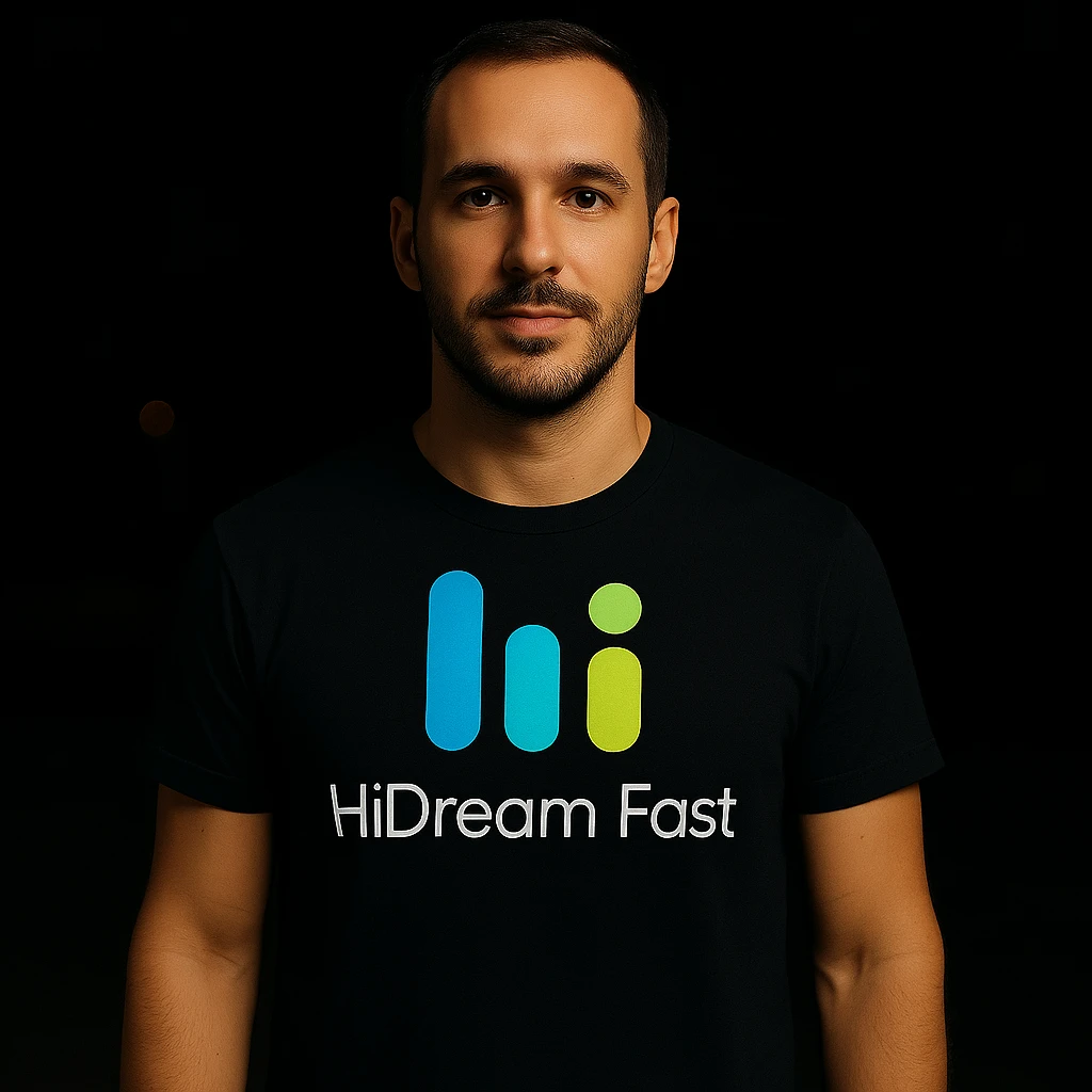 man wearing tshirt with this logo, dark night background with dim , add fast below logo, make man fit into image, add fast insead pf the dev keep rest same emoji
