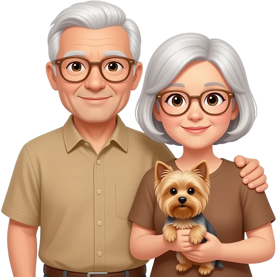 old couple, both with short white hair, brown eyes, they both wear light brown eyeglasses, the man has his arm around his wife, and she is holding a small yorkshire, the man and the woman both wear the same top in beige brown tone emoji