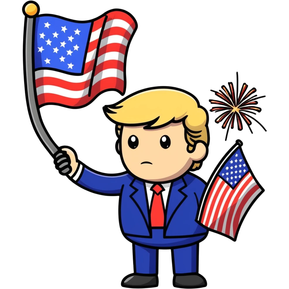 Trump holding an american flag with fireworks in the back ground emoji