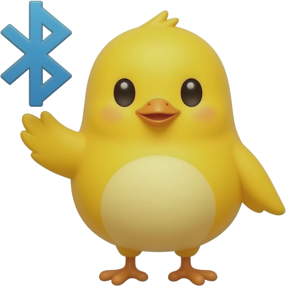 lovable small yellow bird holding up a bluetooth symbol. the image must be a transparent .png emoji