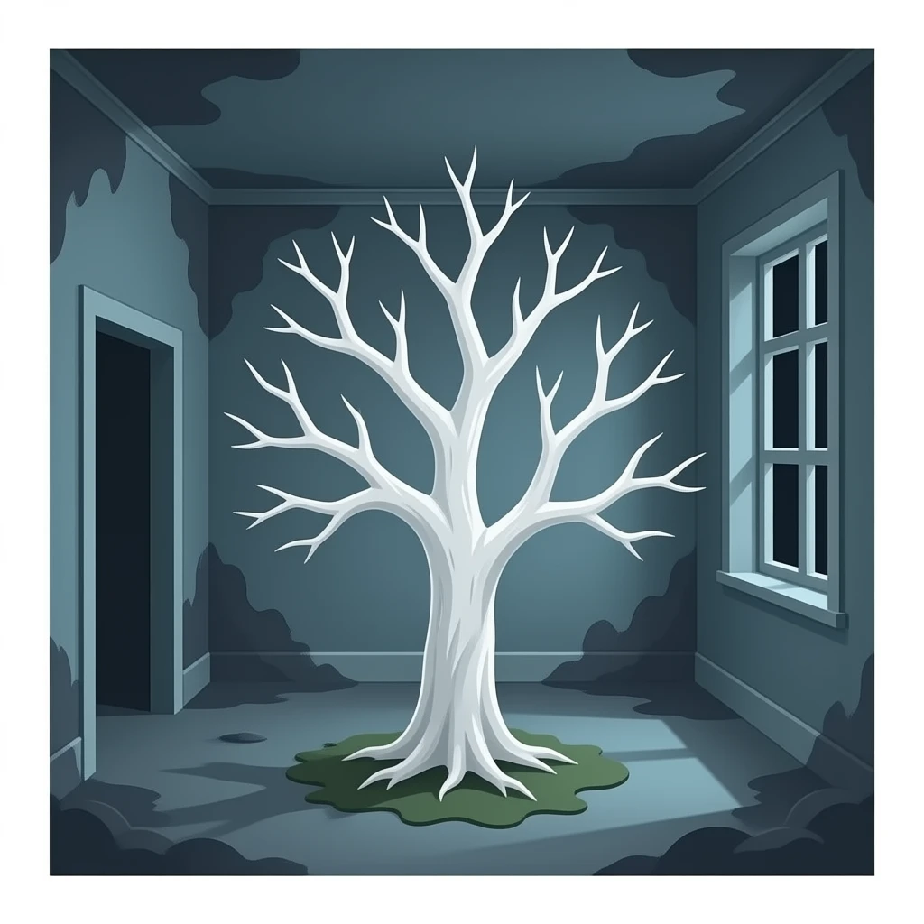 surrealistic - white bare haunted tree grows in a dilapidated room. emoji