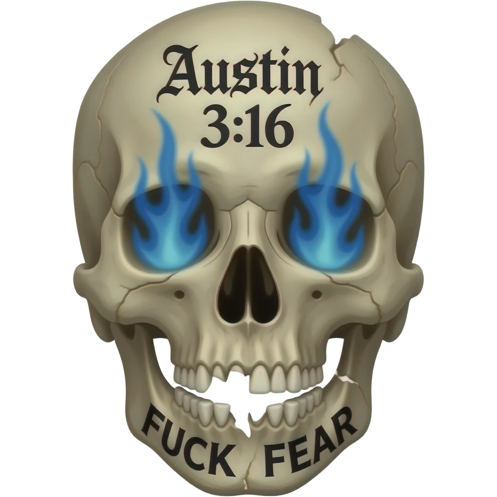 human skull, partially missing top, FUCK FEAR carved on jaw, slightly open, teeth chipped, Austin 3:16 carved in forehead, eye & nose cavity with blue flames, words a BLACK Gothic font, entire skull is aged, sun dried, weathered emoji