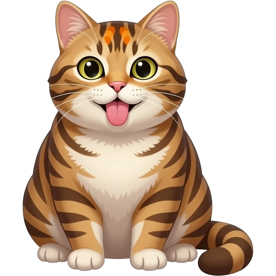 Fat Brown and cream color tabby cat with orange spot on forehead. Making a silly face with tongue sticking out emoji