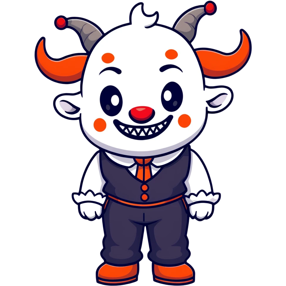 full-body demonic clown in black and white leisure suit with bellbottom pants, bald, black ram horns, flashy black and white belt, ruffled white shirt, no neck tie, large fangs, cartoon sticker style emoji
