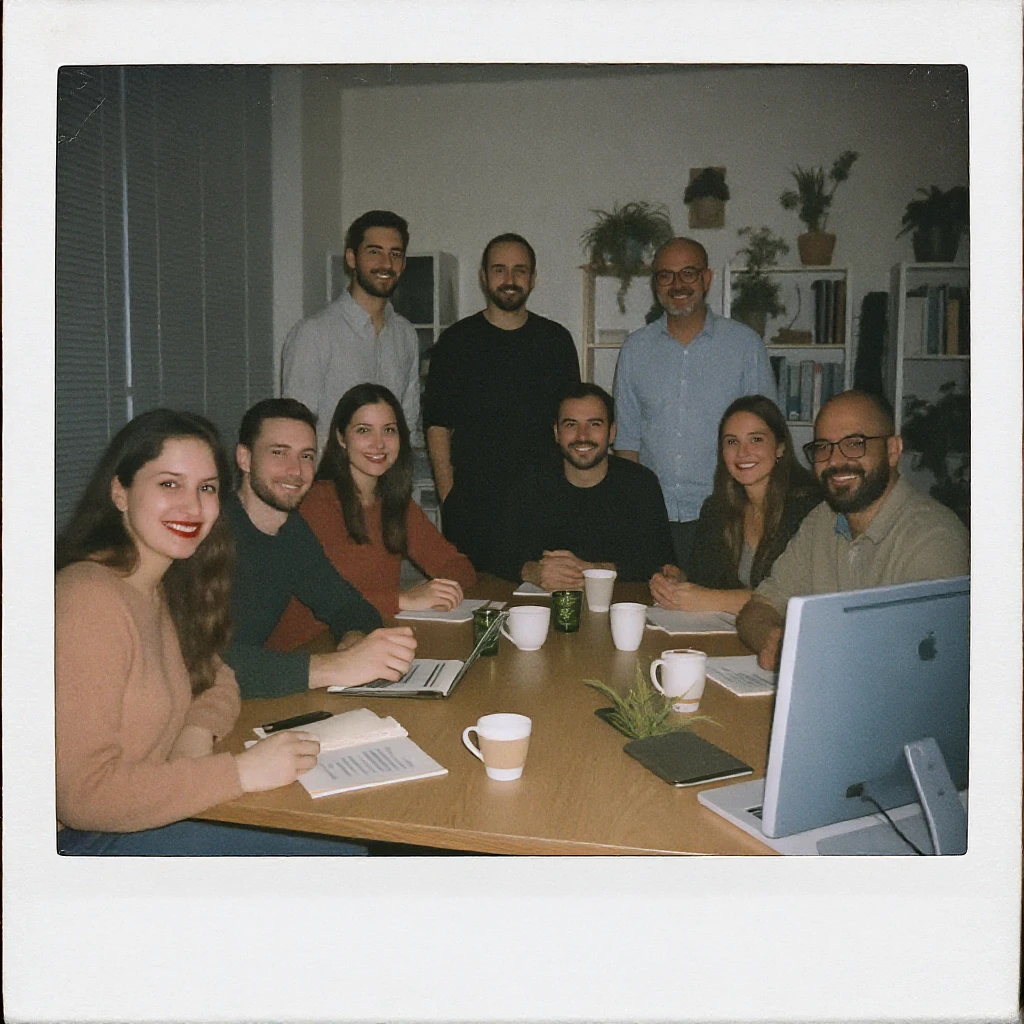 A team of eight designers and one manager, all with happy faces, having a casual meeting in a cozy office setting emoji