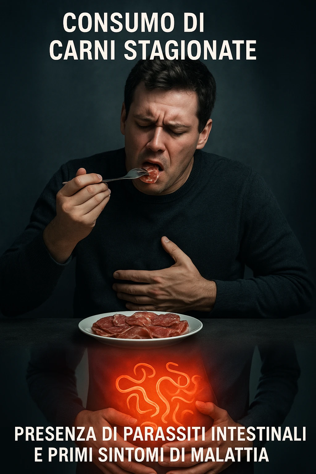 vertical realistic cinematic image of a man eating sliced cured meats, with a transition showing the appearance of intestinal parasites and early symptoms of illness, clinical dramatic lighting, Italian captions, aspect ratio 2:3 emoji