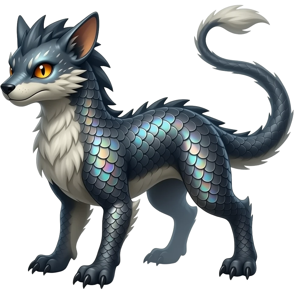 Rare realistic exotic edgy gothic gloomy cool badass epic pretty beautiful handsome gorgeous aesthetic colorful vibrant Vernid-Trico-species-Fakemon-Salandit-hybrid-creature by LiLaiRa, 4 legs, 1 tail, random markings, (full body) emoji
