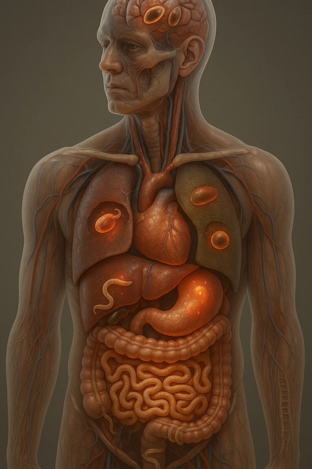 Vertical, hyper-realistic 3D cutaway illustration: the human body is shown in semi-transparent layers, exposing various types of parasites (tapeworms, roundworms, protozoa) inside the digestive tract and other organs. The parasites are rendered in vivid detail, with realistic lighting and shadows. Key areas of infection are highlighted emoji