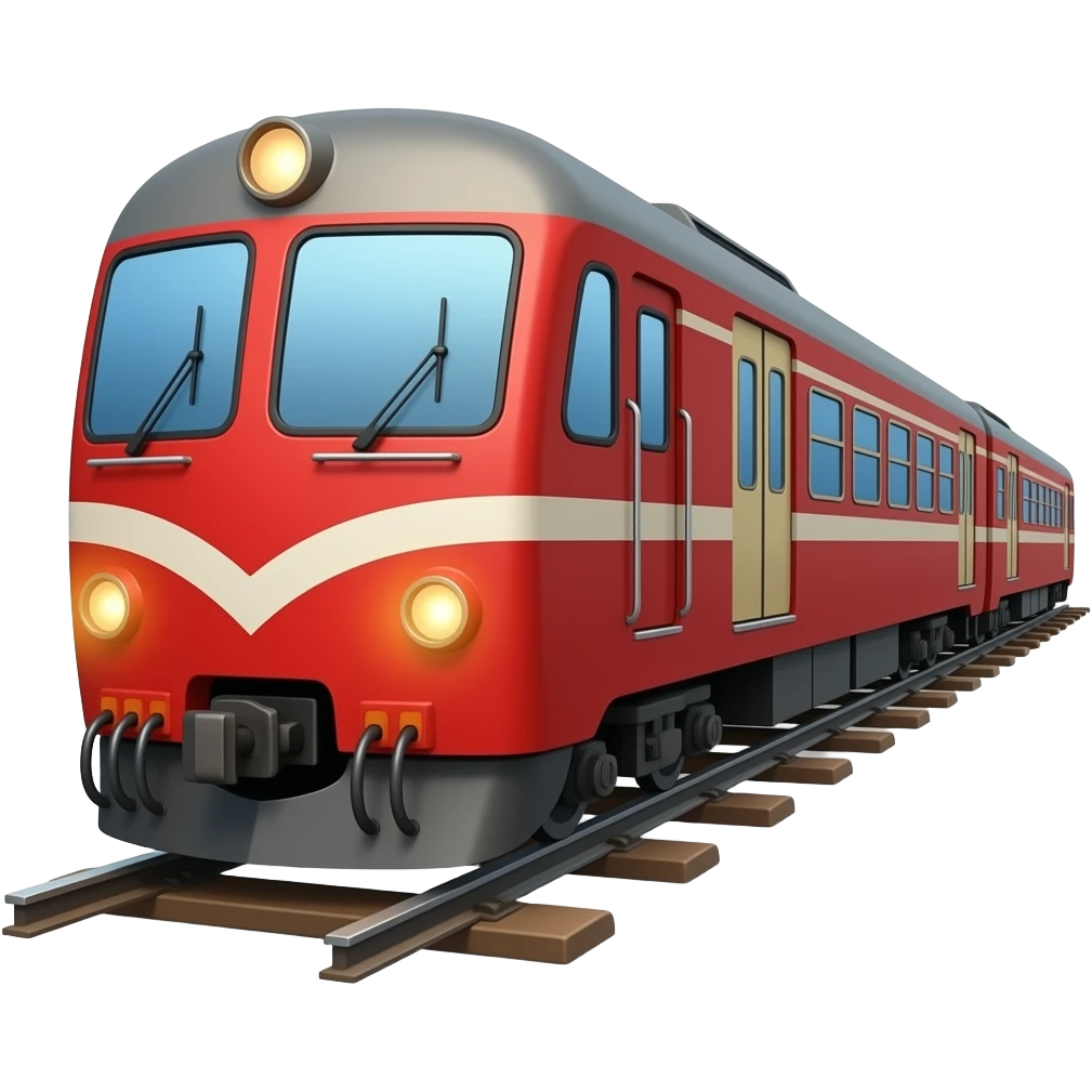 Red train with locomotive and cars on tracks emoji