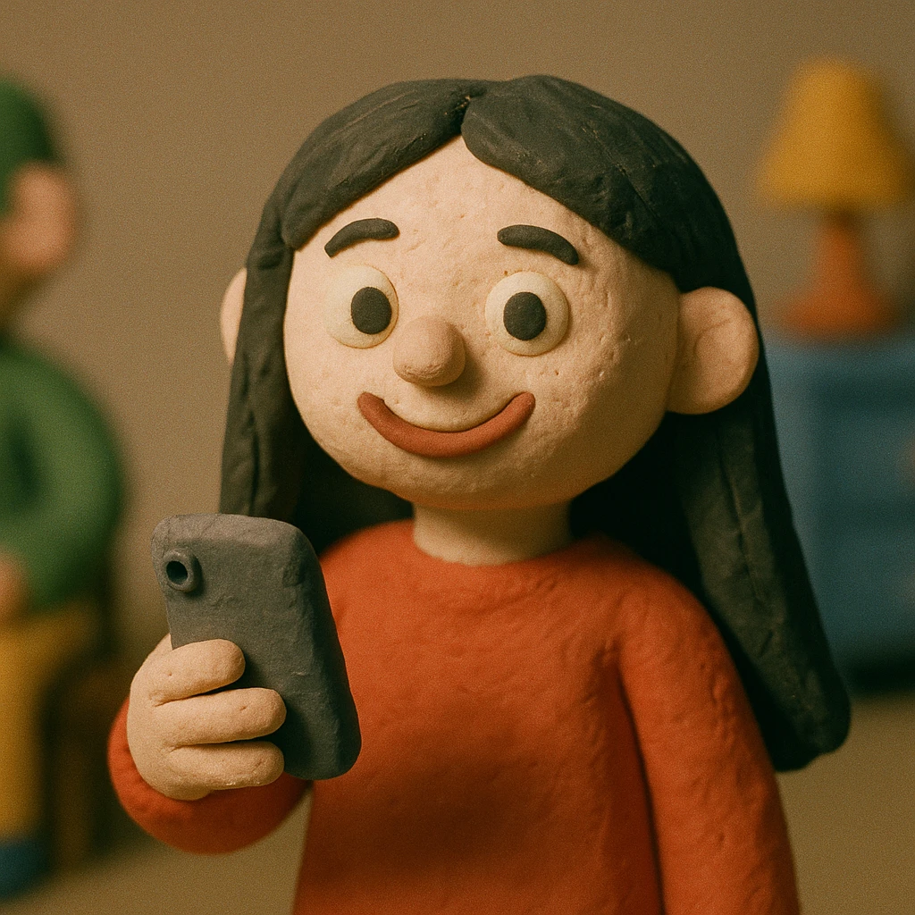 smiling white girl with long black hair holding cellphone emoji