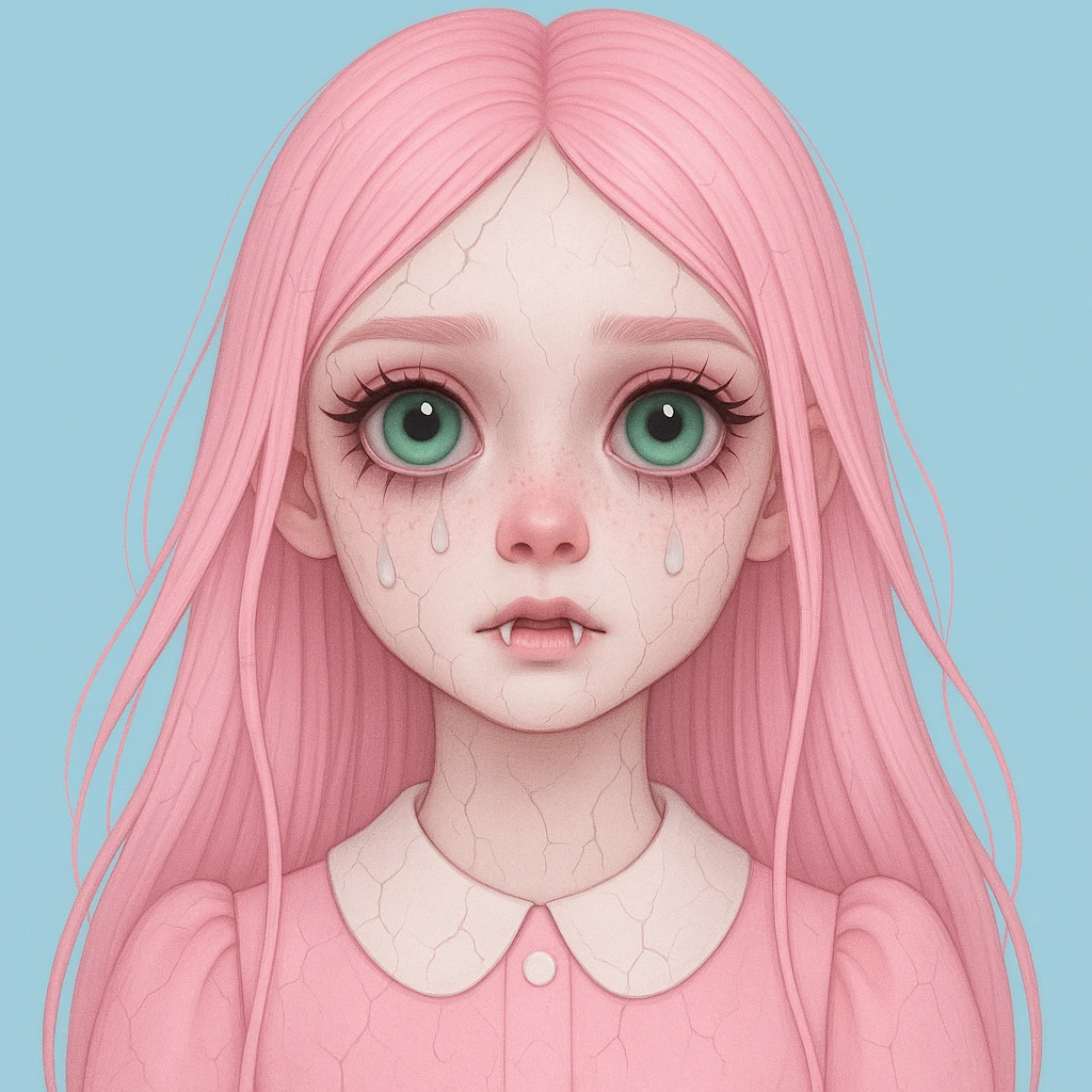 Make this pastel horror profile picture scarier while keeping it cute, expressive, and minimal, inspired by the style of imagen-4-fast-KaUtLiSA10F. Enhance the horror elements subtly but maintain the pastel color palette and minimalistic design with expressive features. emoji