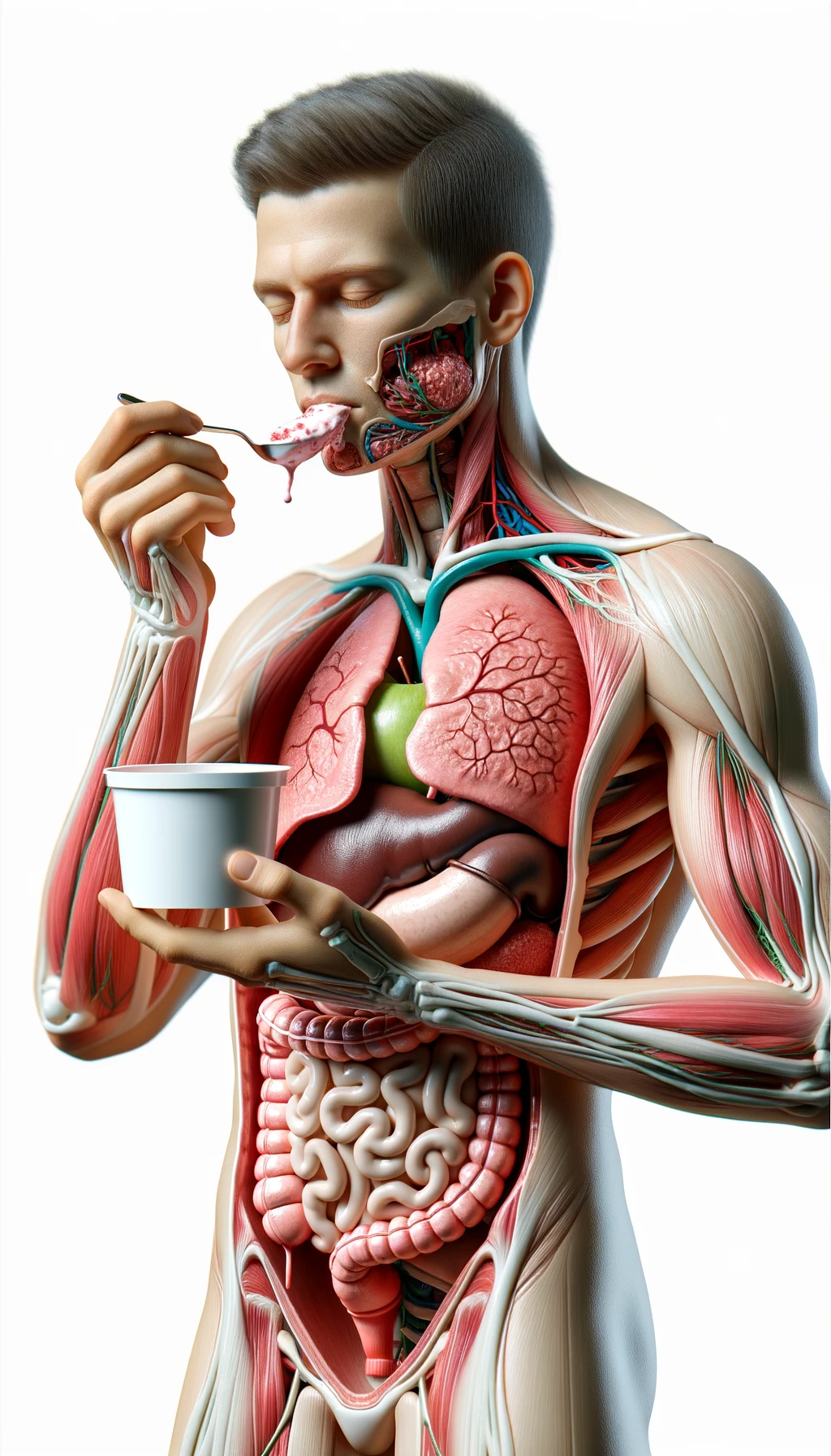 corpo umano anatomico con intestino in evidenza mentre mangia uno yogurt con espressione serena in volto, iperrealistico 4k, isolato su sfondo bianco emoji