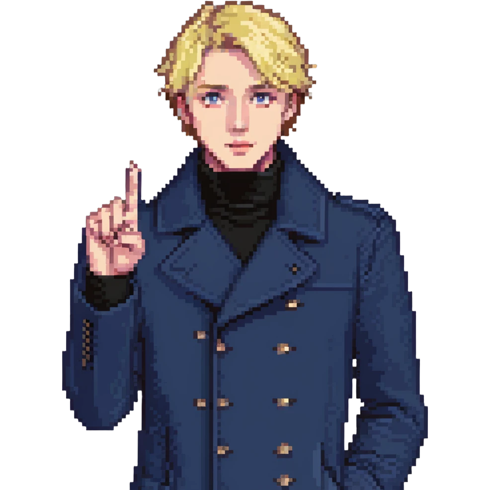 Flat pixel art, bold and charismatic male leader, Caucasian, short neat blonde hair, sharp eyes, indigo coat over black turtleneck, one arm raised pointing out, waist-up, front-facing emoji