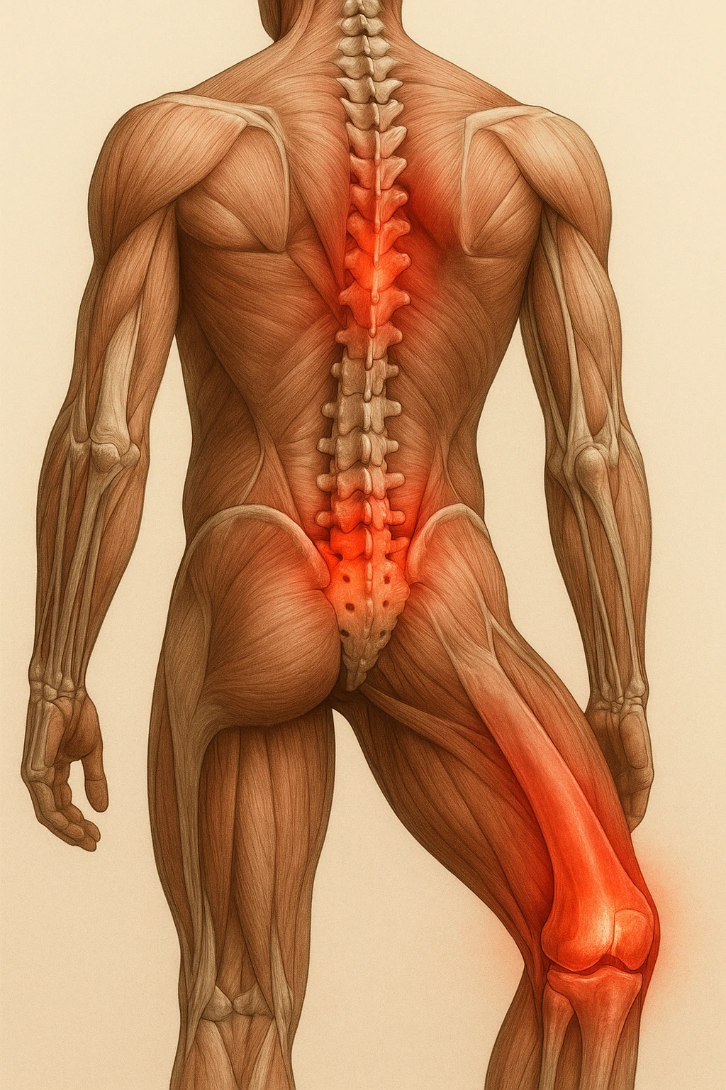 corpo umano anatomico con mal di schiena e al ginocchio, iperrealistico 4k emoji