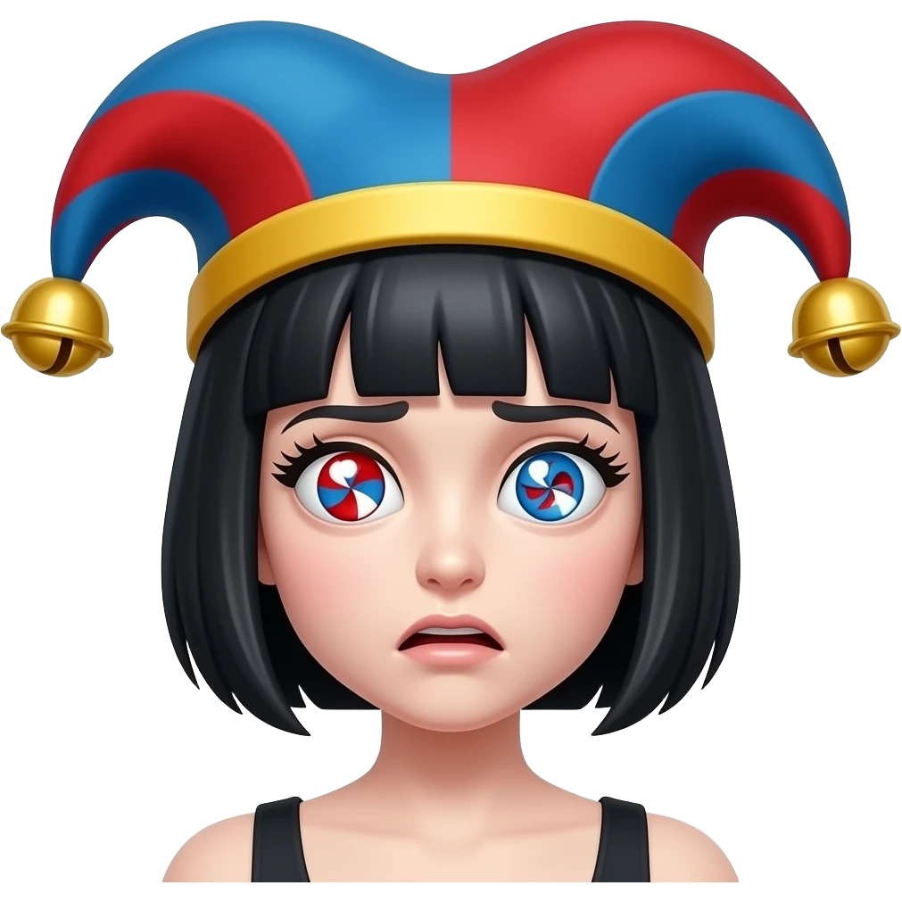 Pomni has a white face with red and blue pinwheel eyes and asymmetrical lashes. She wears a short black bob under a red and blue striped jester hat with two bells and a yellow brim. When panicked, her pupils turn into scribbles. and give it no eyebrows and nose emoji