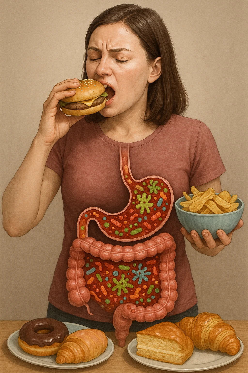 donna con batteri cattivi pieni nel suo intestino immagini realistiche mangia alimentazione ricca di glutine e zuccheri alimentando tutti i batteri cattivi emoji