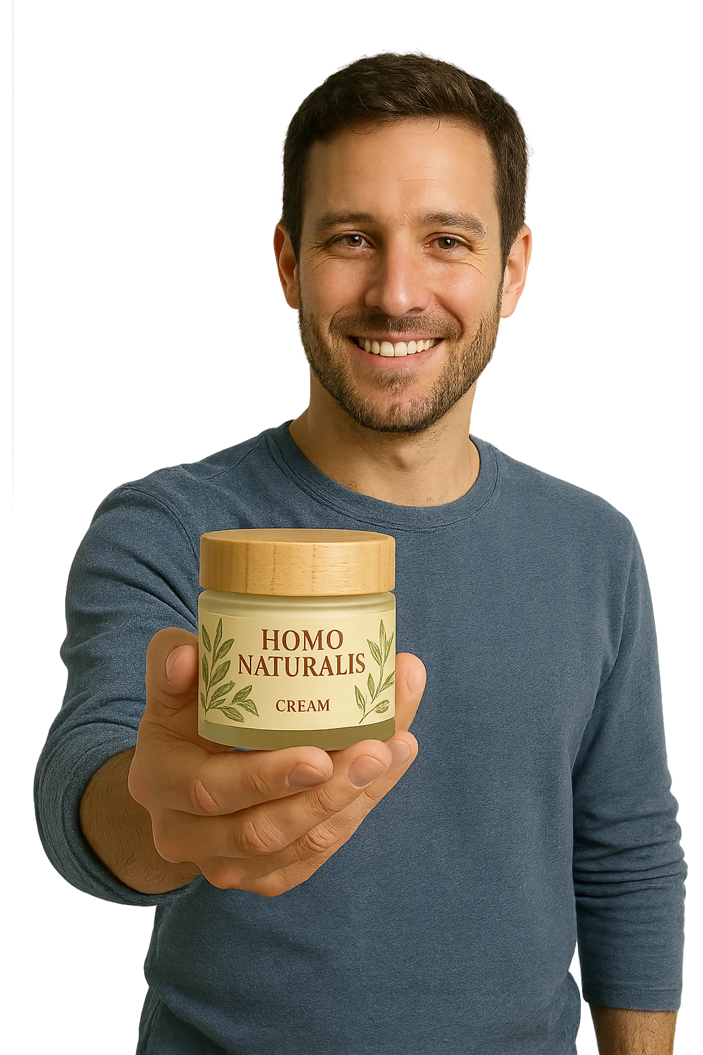 uomo con in mano un prodotto crema di marca "Homo Naturalis" emoji