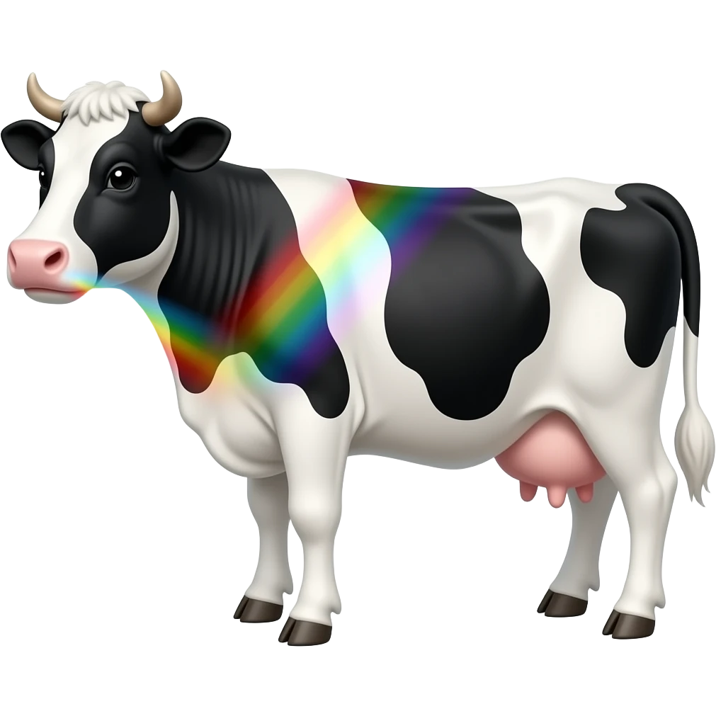 a black and white cow placed in a glass prism that shines with rainbow colors - refraction of light emoji