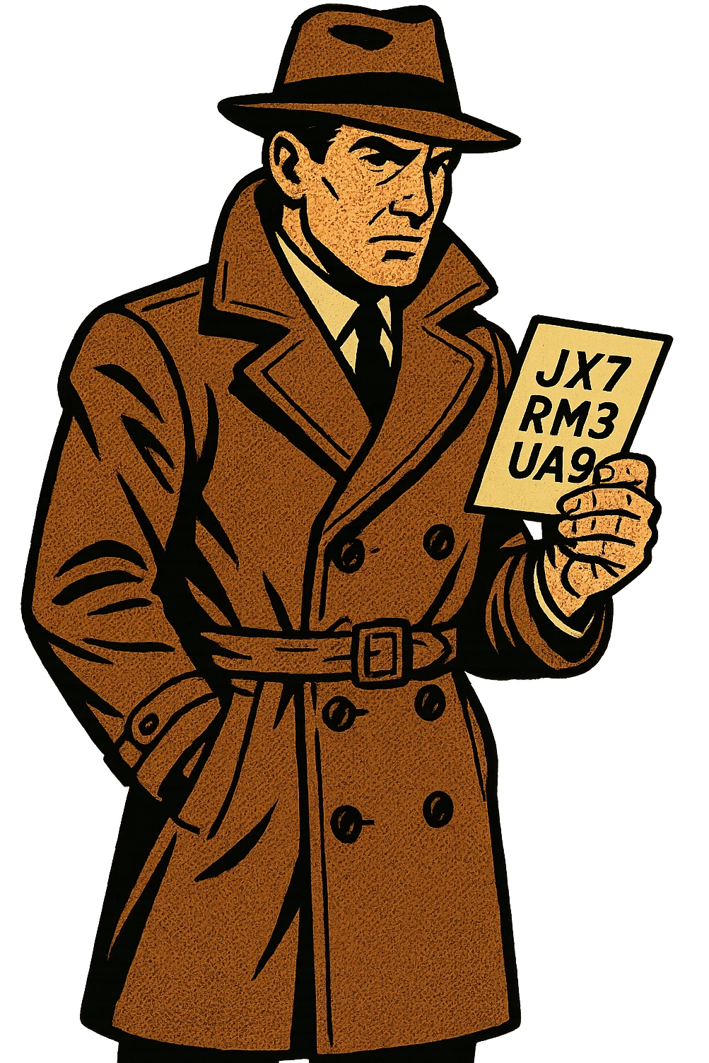 A full body of a secret US spy from the 1950s wearing a brown overcoat and holding a piece of paper with a secret code written on it emoji