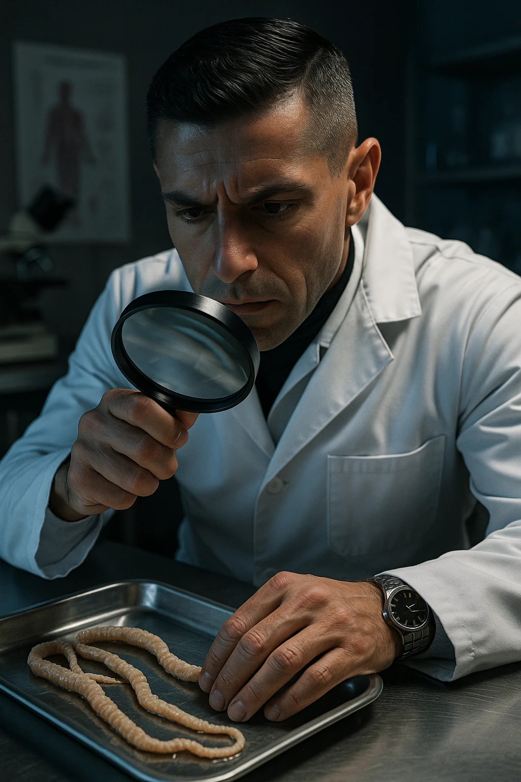 A middle-aged male kinesiologist wearing a pristine white lab coat, intensely analyzing long, beige tapeworms (like Taenia) under a magnifying glass. His expression is focused and slightly concerned, with dramatic studio lighting casting sharp shadows. The parasites are highly detailed, moist, and textured, stretched across a sterile metal tray. The background is blurred but suggests a clinical environment—hints of a microscope, medical charts, and clean lab equipment. The style is hyper-realistic, with a cinematic contrast between the bright white coat and the grotesque, organic forms of the parasites. No sci-fi elements, just raw medical realism with a disturbing edge emoji