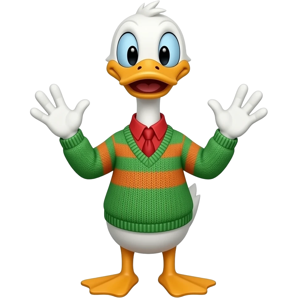 Cartoon male Duck all green orange and red  dress sweater white gloves very tall look goofy and silly and Looney full body emoji