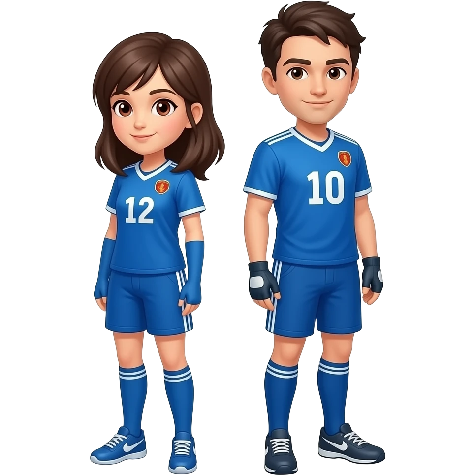 Girl with red eyes wearing a blue jersey. Have her standing back to back with a man version of her emoji