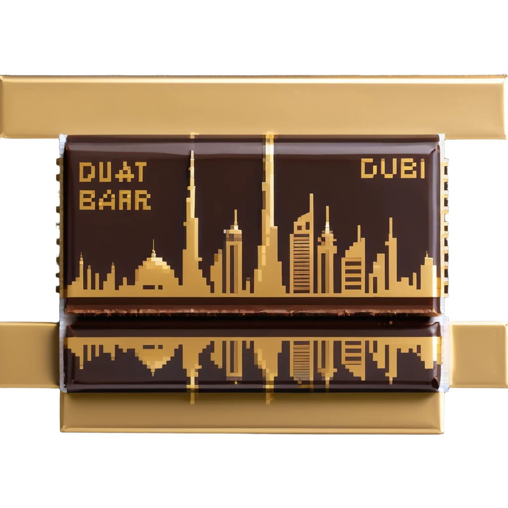luxurious chocolate bar with Dubai skyline in gold emoji