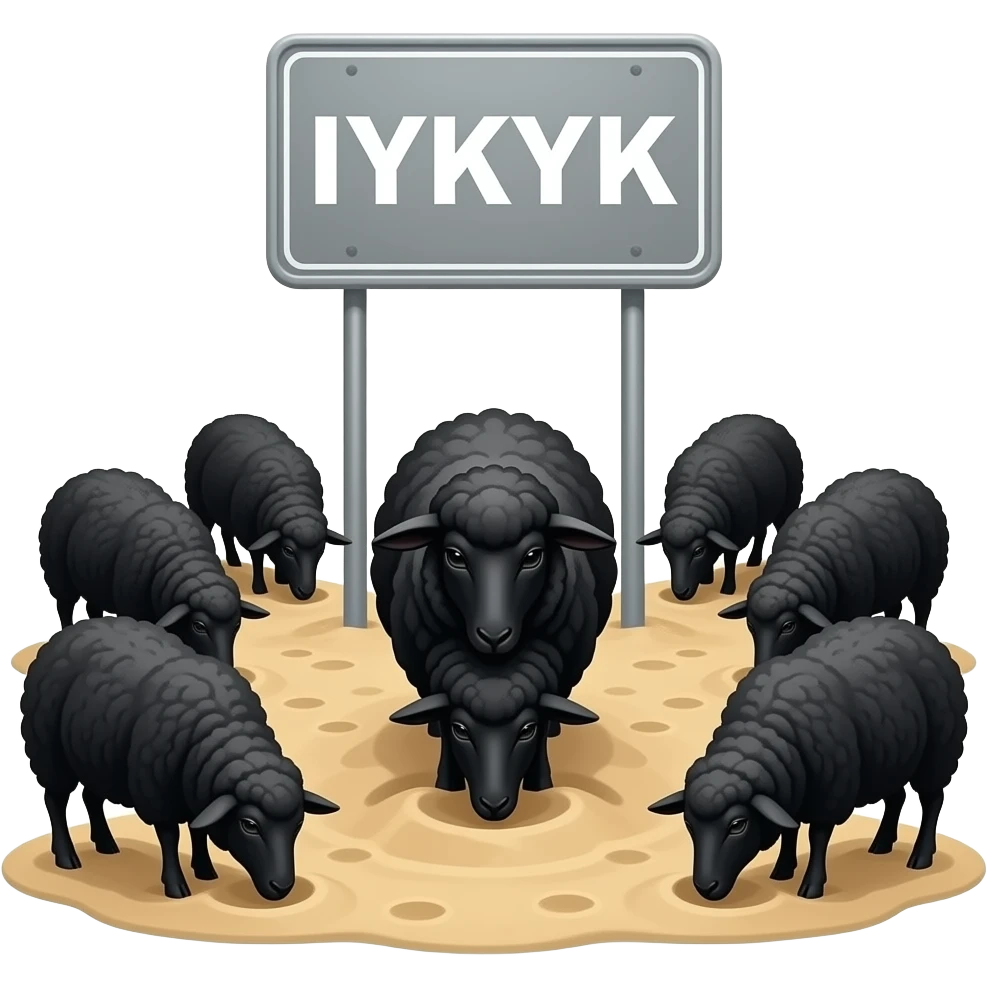change the saying on the sign to “IYKYK”. and make the people in the background more clear that they are burying their heads in the sand. make it so there is Main black sheep and a flock of black sheep around the people emoji