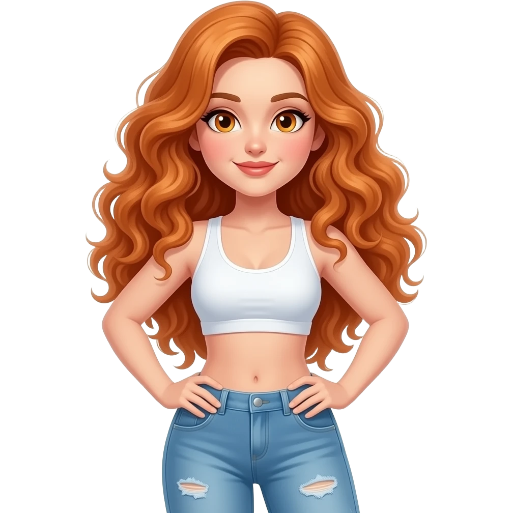 sexy girl with long curly ginger hair and ginger eyes is doing sport emoji
