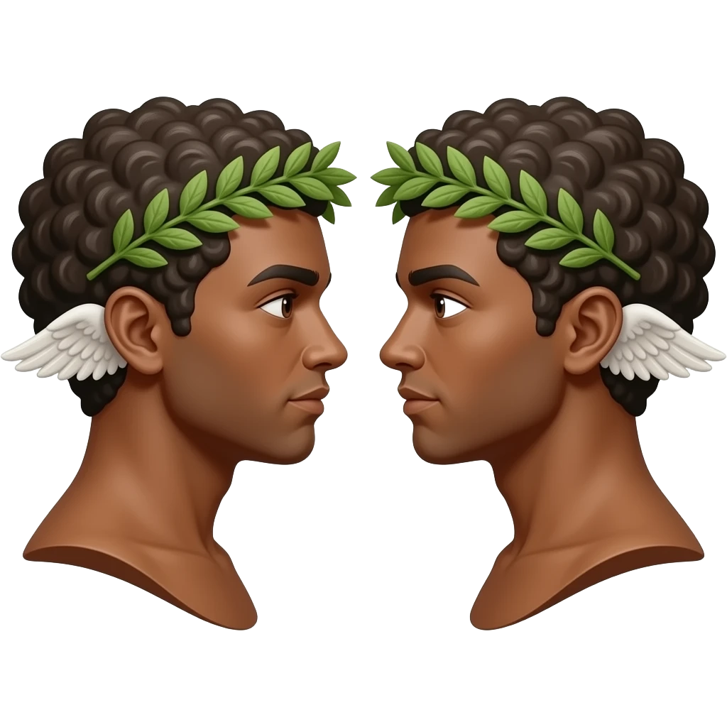 twins, two bronze faces in profile in a parallel composition, they have small wings instead of ears and a laurel wreath around their heads emoji