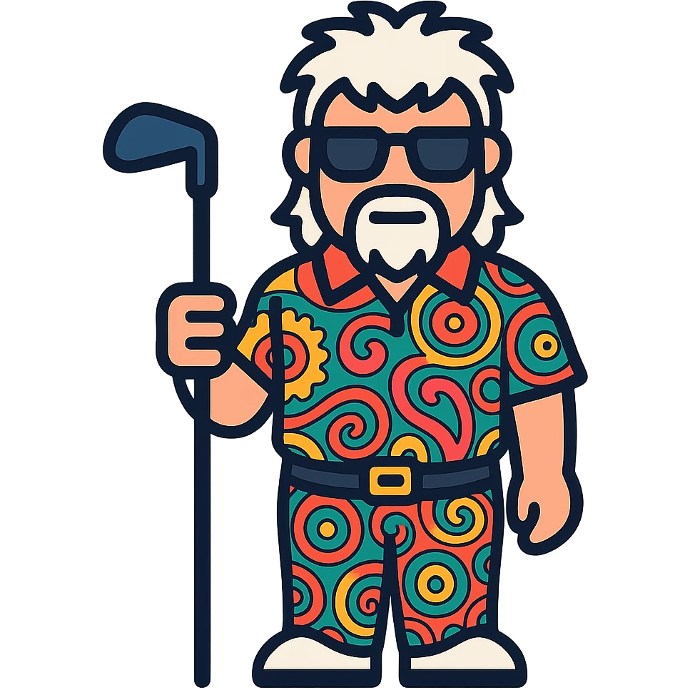 Convert the image of John Daly into a true emoji/icon style with simplified, bold lines and clear facial features. Depict him with a white spiky mullet, sunglasses, and a goatee. Dress him in a colorful patterned golf shirt and pants, holding a golf club. Use a transparent background. emoji