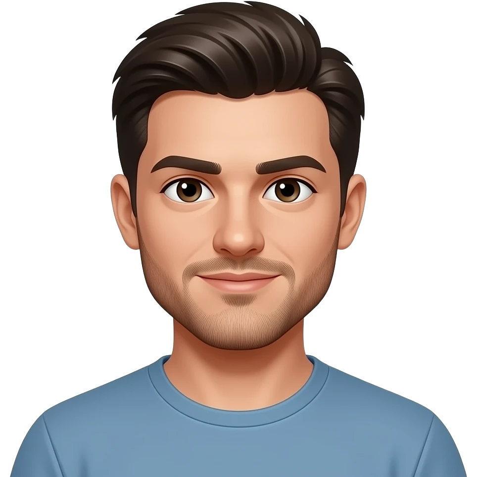 young adult man with light skin, short beard, dark brushed back hair, dark eyes, smug expression, emoji