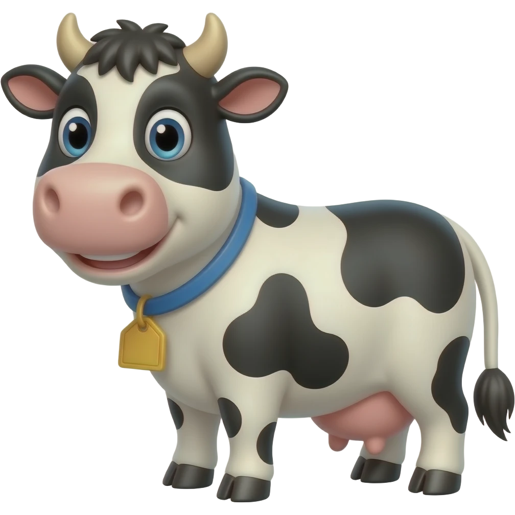 A cute animated character featuring a cow wearing a name tag. emoji