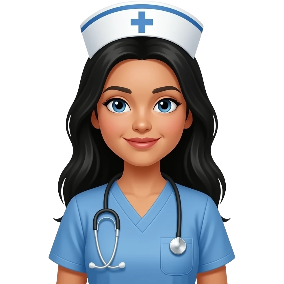 Tan nurse with scrubs long black hair emoji | AI emoji