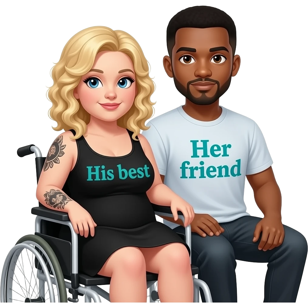 Plus Size women Blonde curly hair in wheelchair with blue eyes with black tattoos on right lower arm wearing a black summer dress with saying “ His best” written in teal writing and African American man with black hair with brown eyes NO facial hair with saying “Her friend“ on his shirt emoji