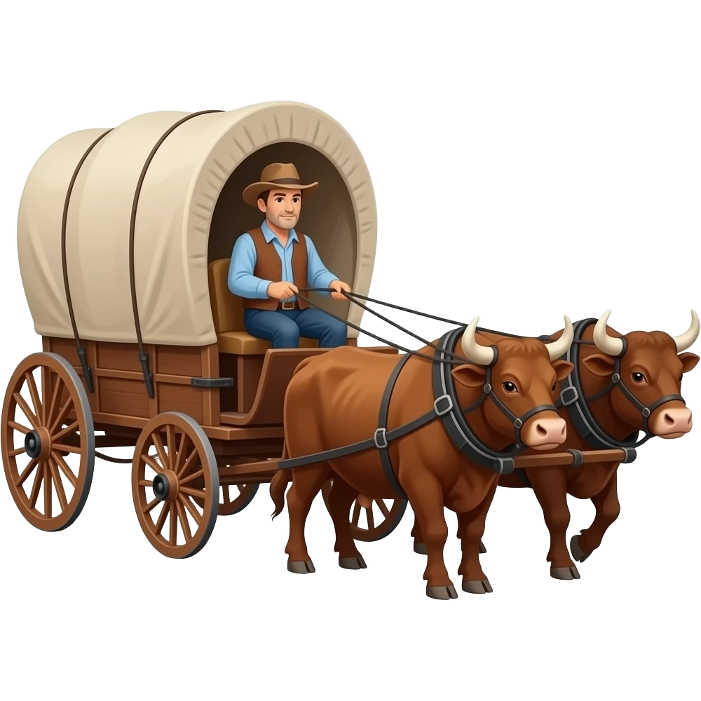 man driving canvas covered brown pioneer wagon pulled by oxen in blue and orange theme. emoji