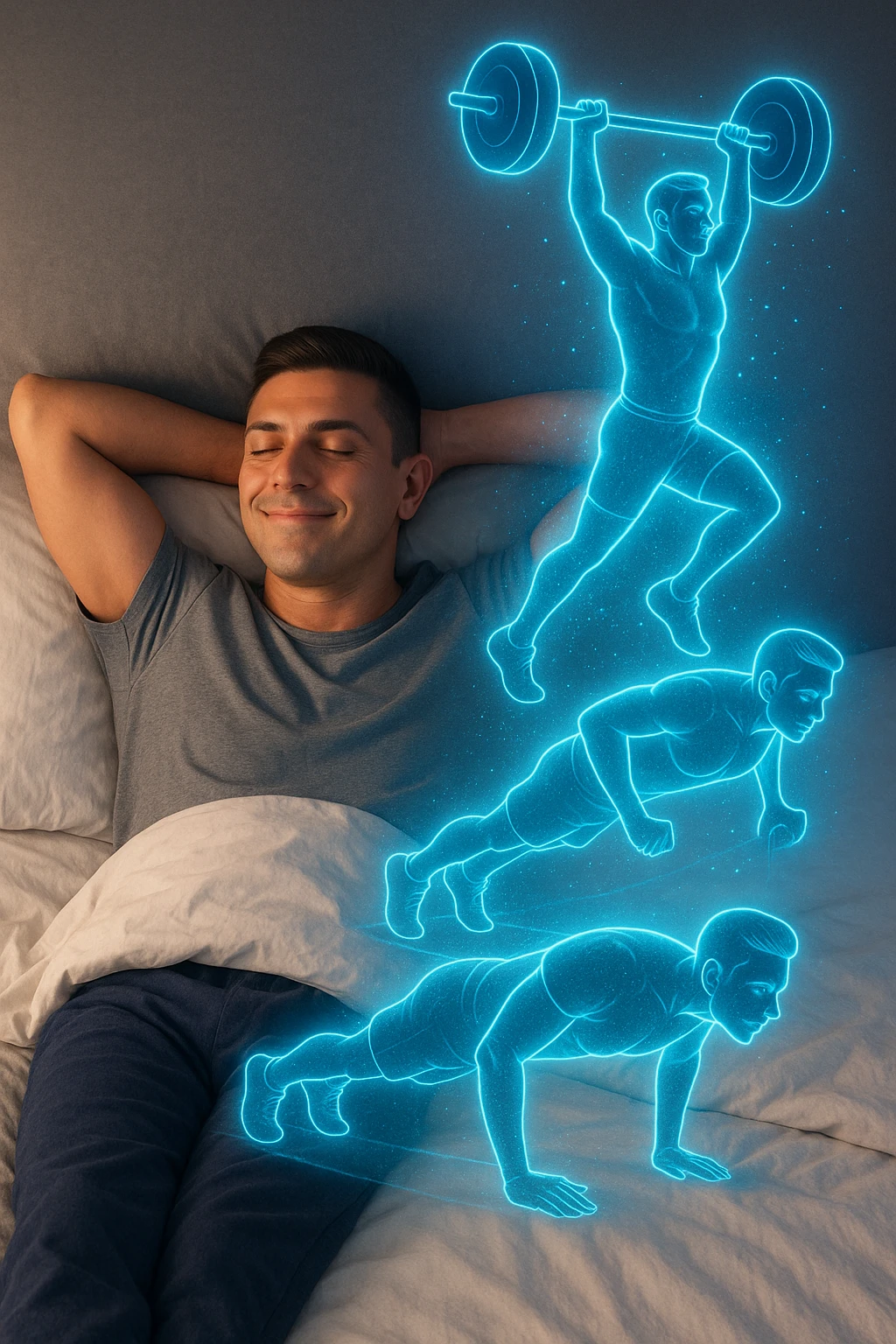 "Un uomo rilassato sdraiato a letto (in pigiama o biancheria intima), con gli occhi chiusi e un sorriso soddisfatto. Dal suo corpo si stacca un doppio olografico luminoso (il suo 'sé visualizzato') che invece sta facendo esercizio fisico con energia: solleva pesi, corre su un tapis roulant invisibile o fa flessioni a mezz'aria. emoji