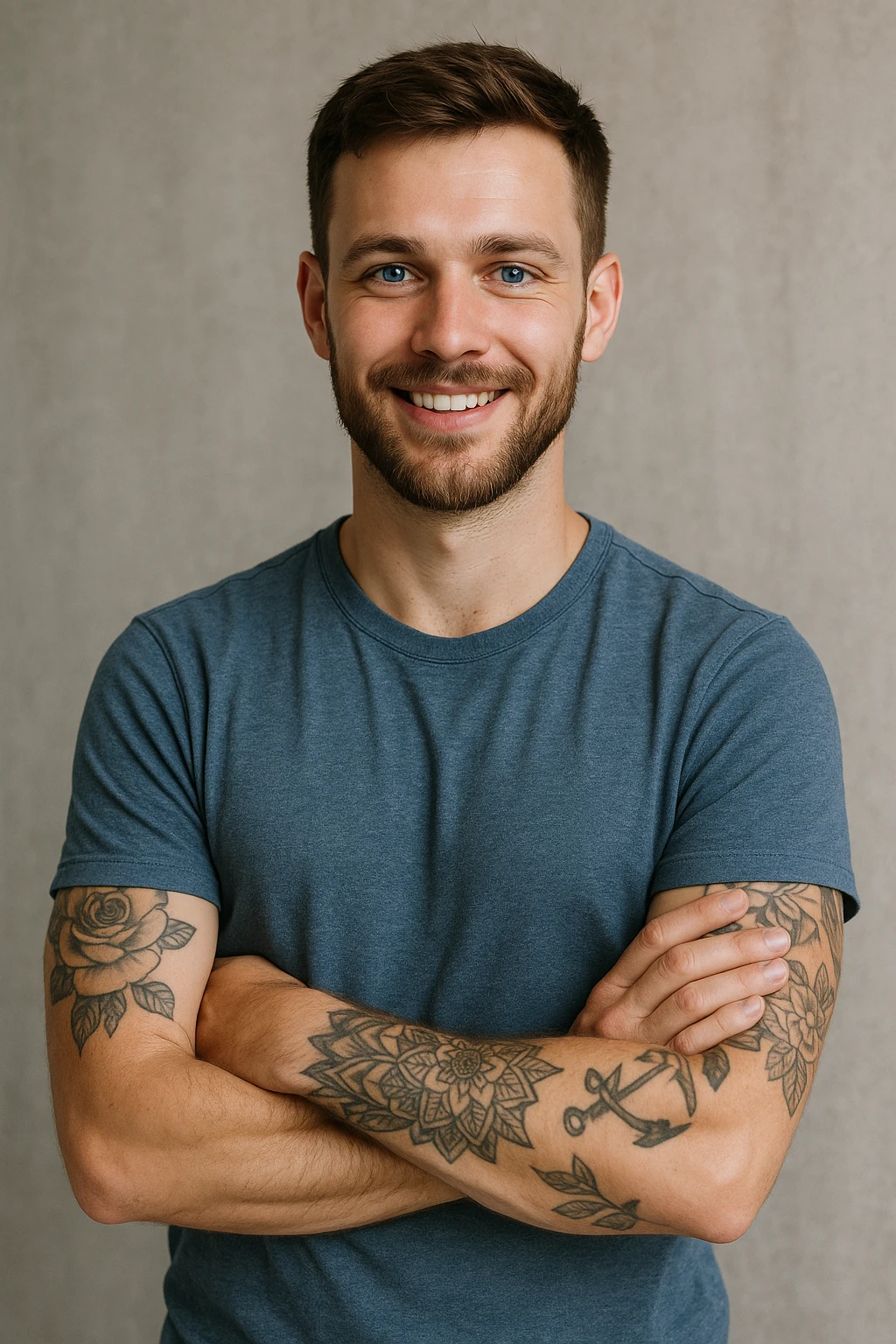 A young man, 25, blue eyes, brown hair, short beard, arms crossed, smiling confidently, with tattoos on his left arm. emoji
