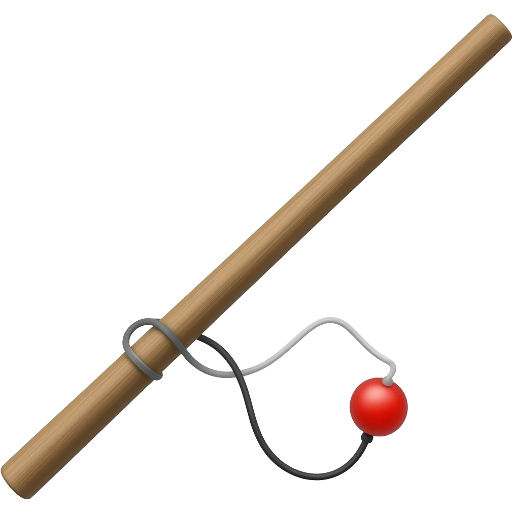 wooden pole with line attached to small fishing bobber emoji