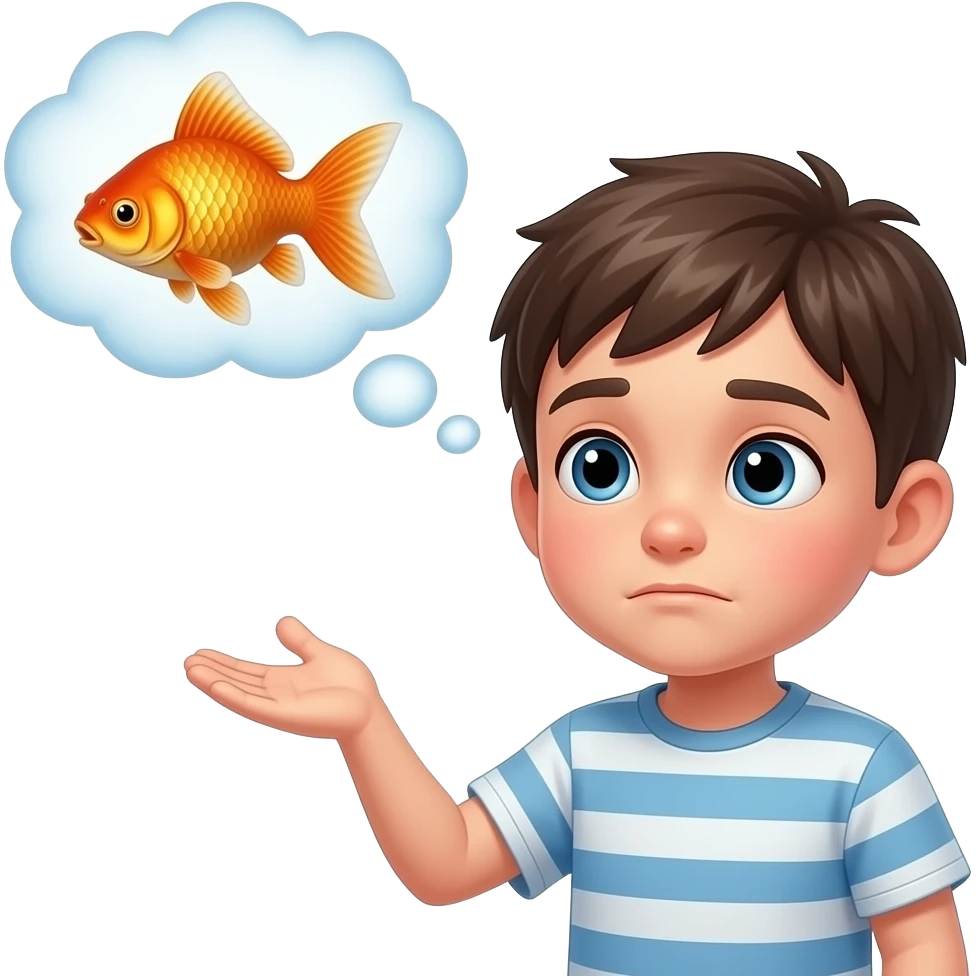a shrugging kid with a thought bubble, thinking about a goldfish emoji