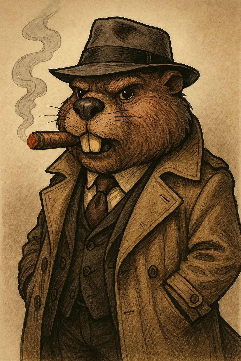 beaver gangster smoking a cigar, wearing a trench coat, tie, and hat, detailed cartoon style emoji
